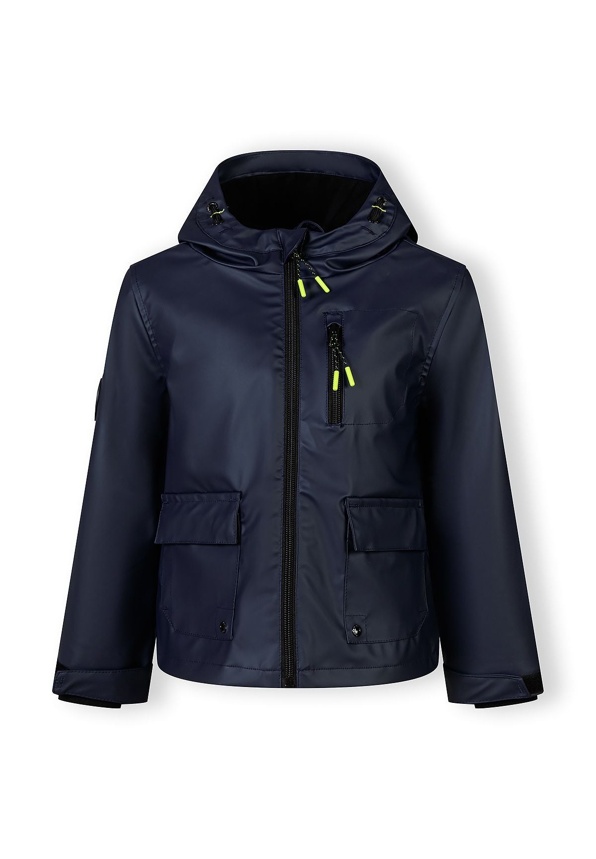 Boys navy blue waterproof parka jacket, front view, features adjustable hood and zippered chest pocket.