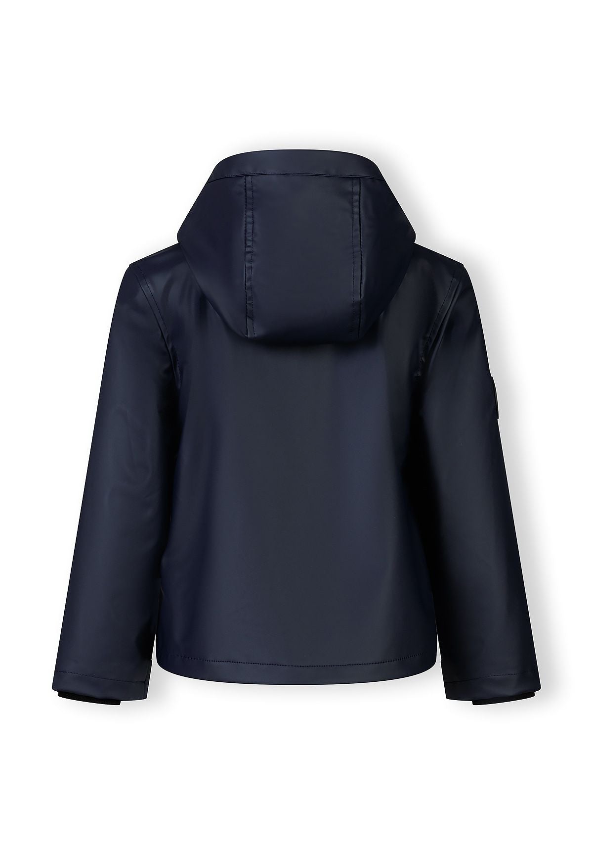 Back view of a boys' navy blue waterproof parka jacket with a hood.