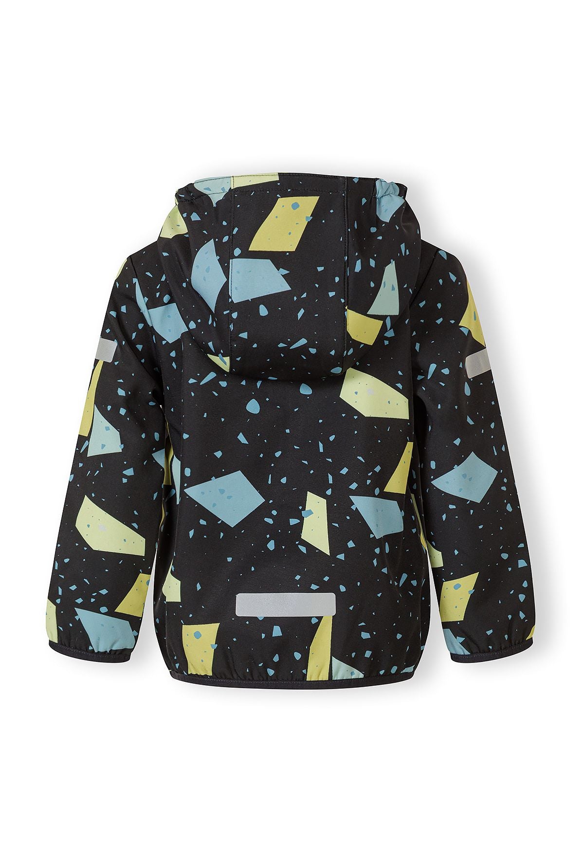 Back of a black hooded printed jacket.