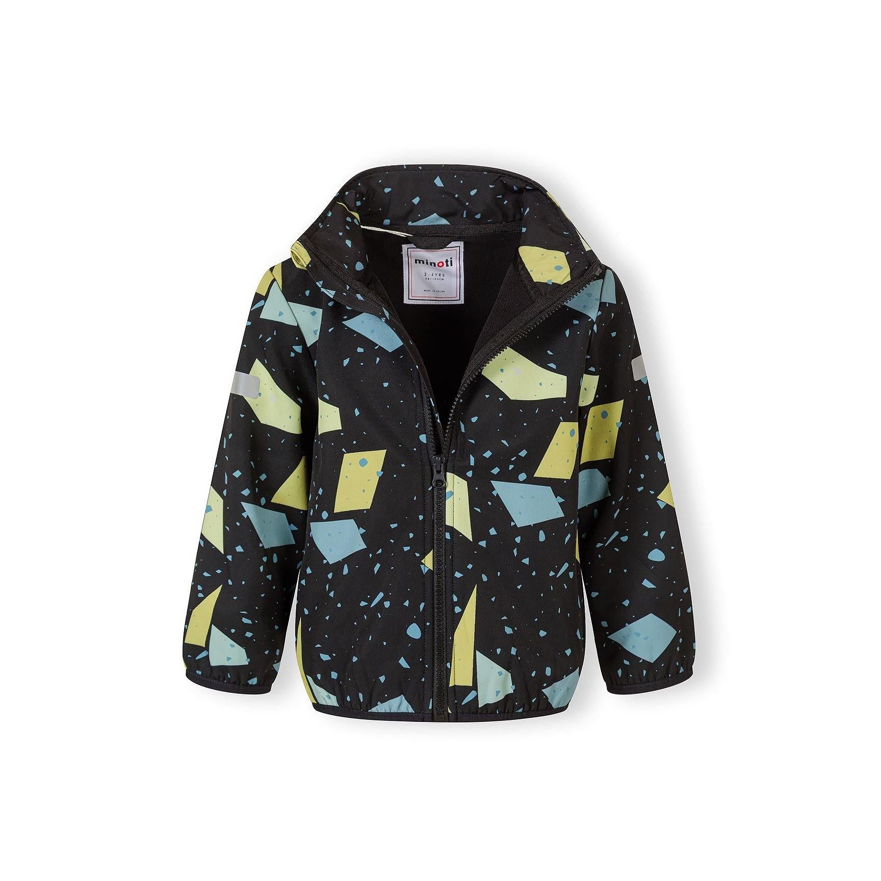 Gunmetal softshell jacket with abstract geometric print laid flat showing full front zip closure, fixed hood and Minoti label, photographed against white background