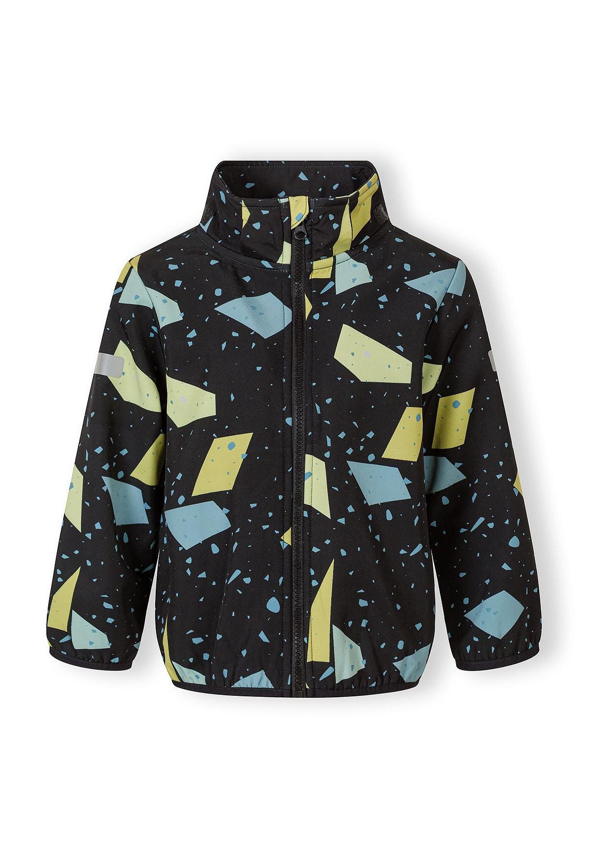 Front of the black hooded printed jacket, with the hood removed.
