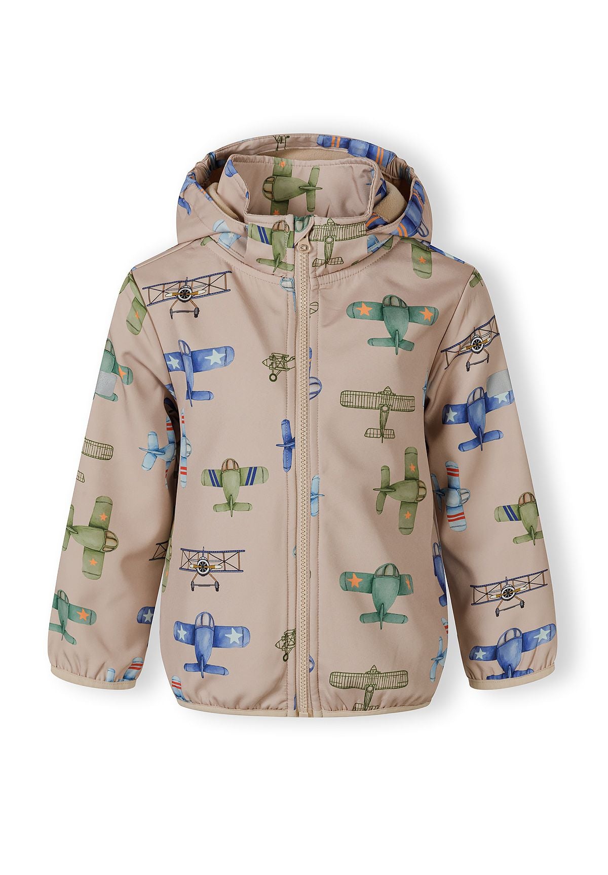 Boys softshell jacket in sand with aeroplane print, front view, features attached hood and zippered pockets.