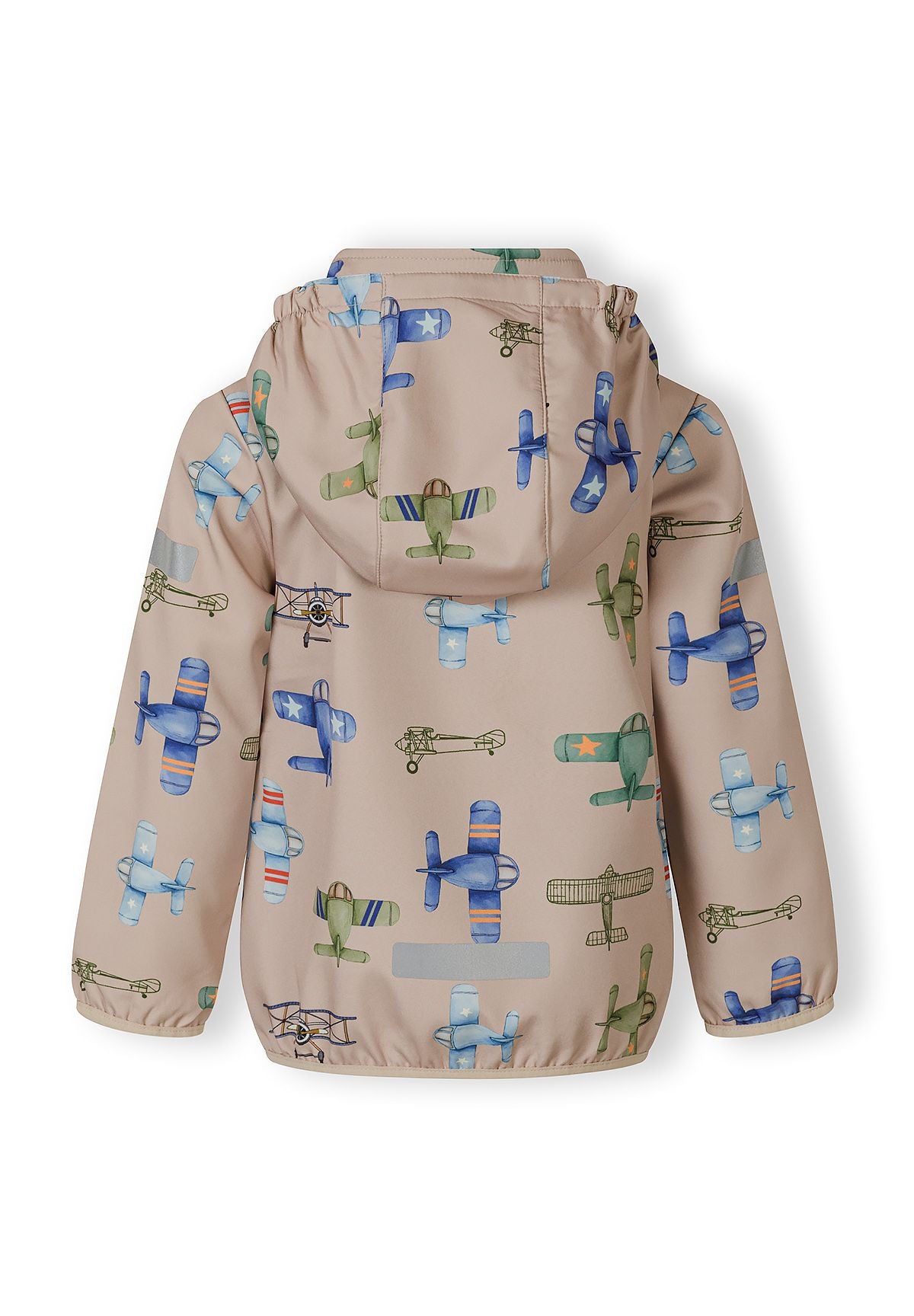 Boys softshell jacket in sand color with aeroplane print, back view, featuring an attached hood.