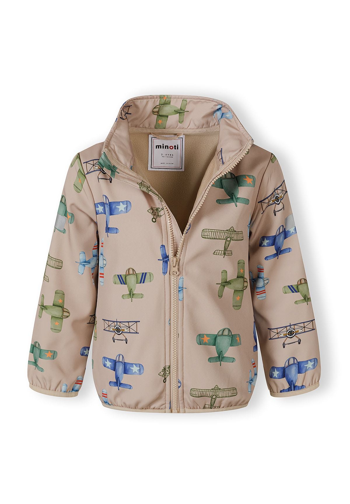 Boys softshell jacket in sand with aeroplane print, front view, features zippered pockets and attached hood.