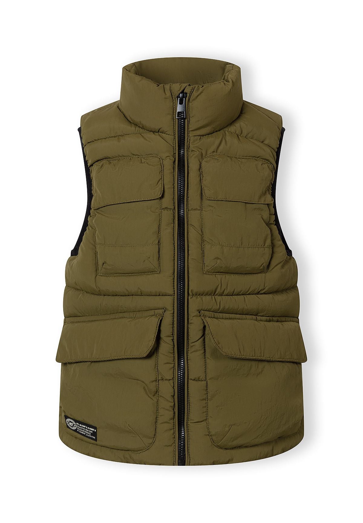 Boys padded utility waistcoat in olive, front view with full zip and three flap pockets.