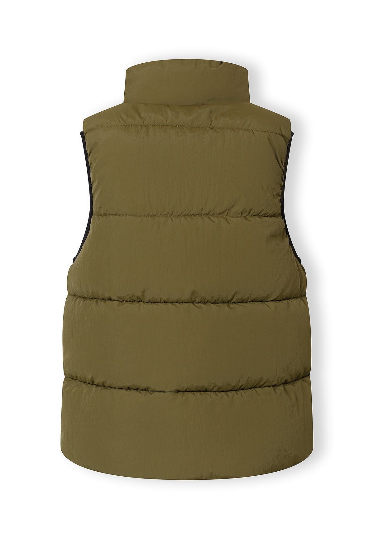 Boys padded nylon utility waistcoat, olive, back view, features stand collar and quilted design.