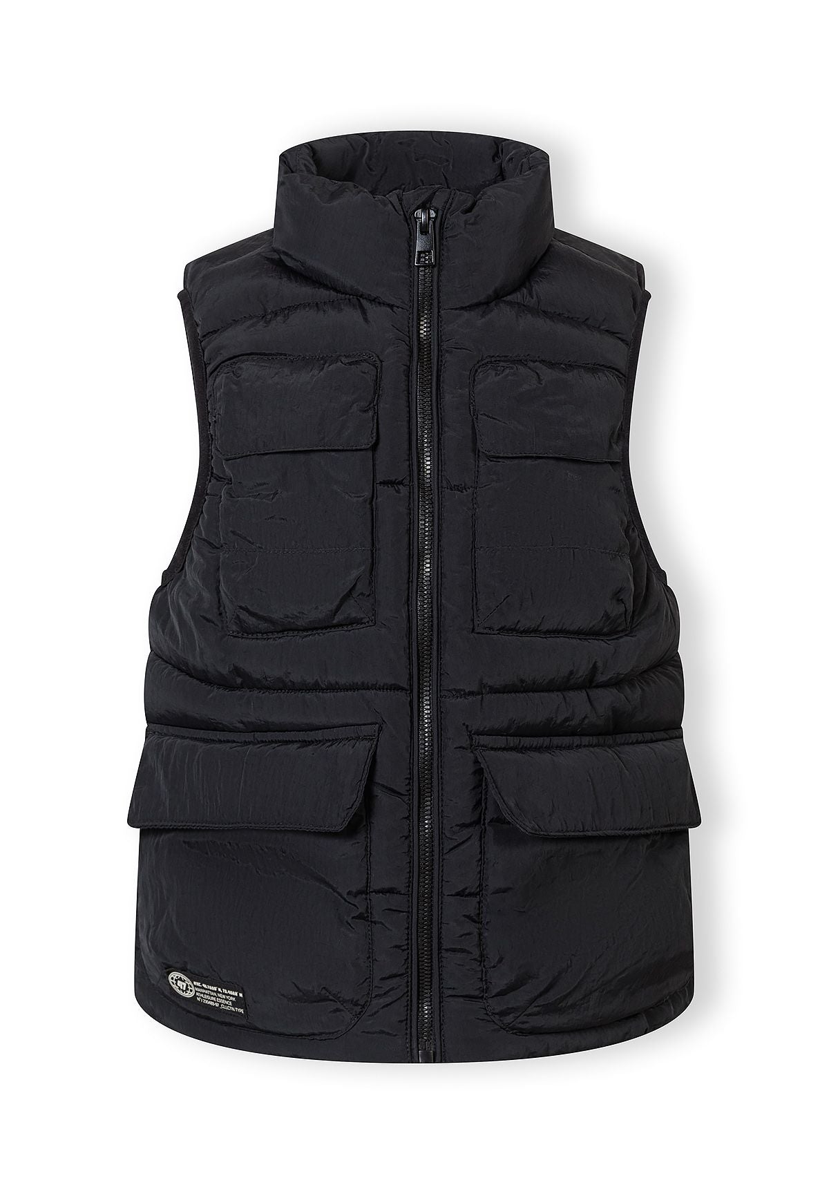 Boys black quilted waistcoat with stand collar, front view, featuring two flap pockets and a full-length zipper.