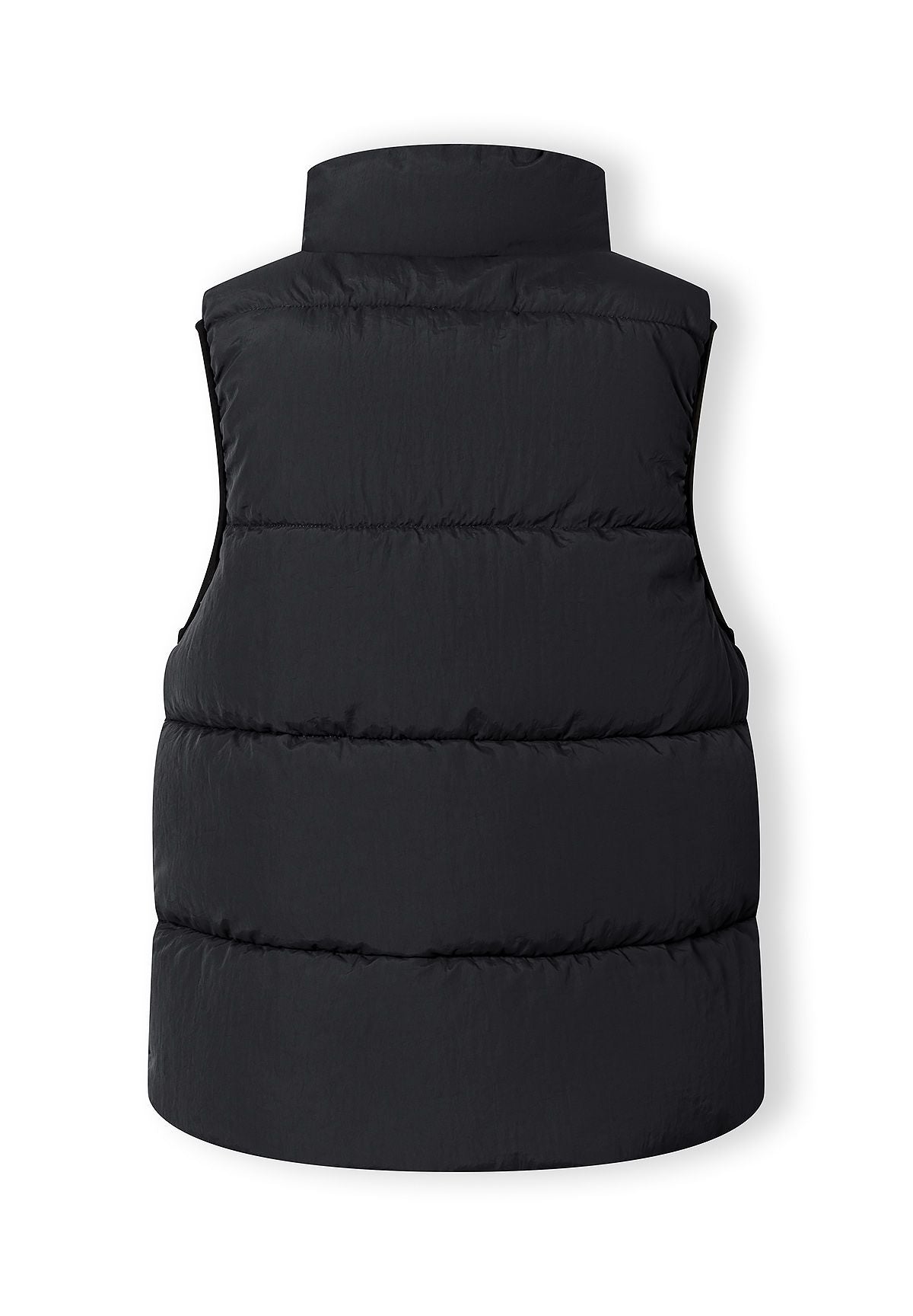 Boys black quilted waistcoat, back view with stand collar.