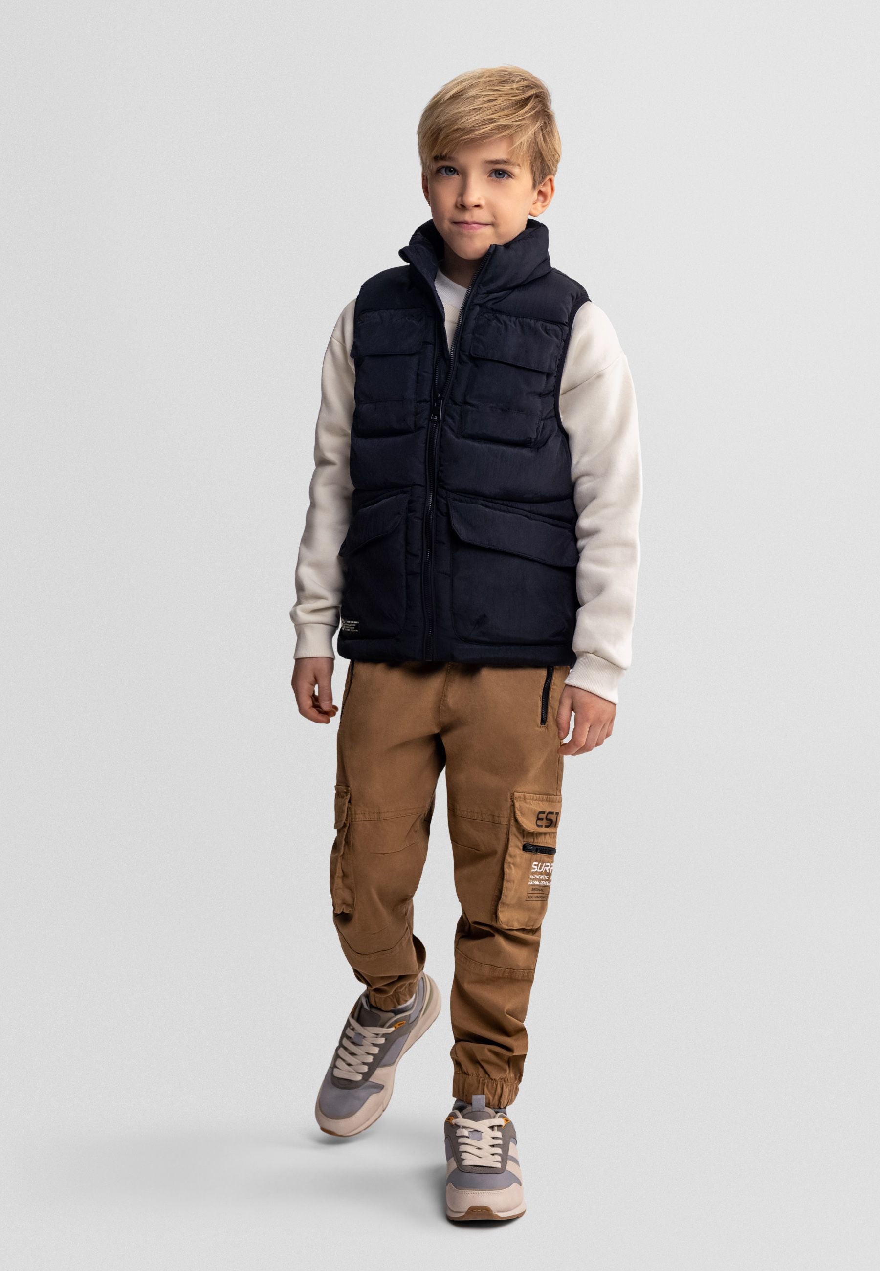Quilted Waistcoat, Black, Stand Collar - 1