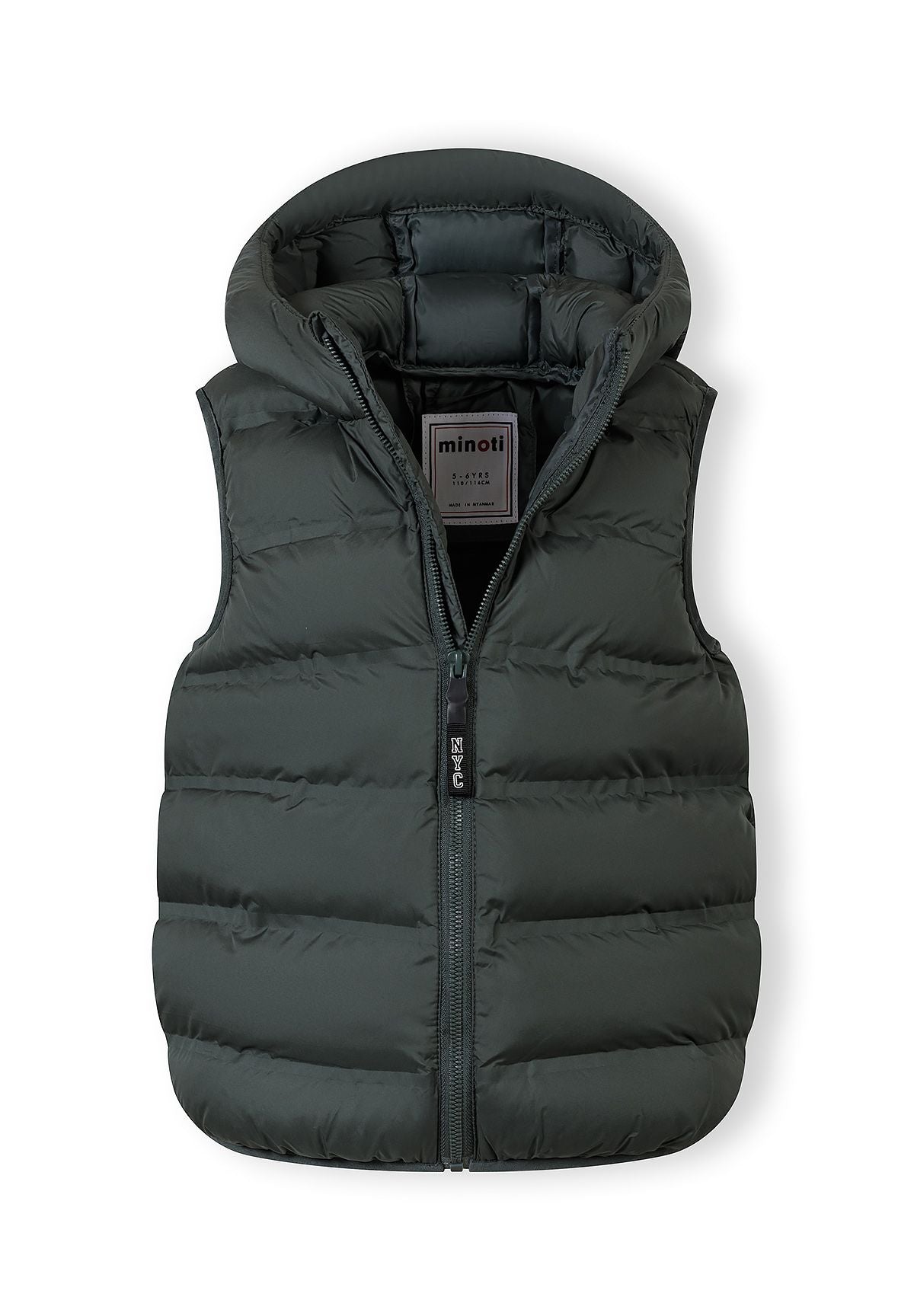 Dark green padded gilet, open front.