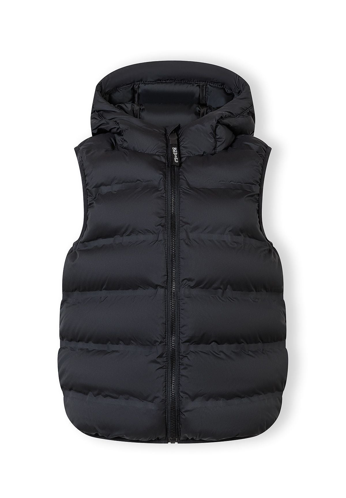 Boys quilted black waistcoat with hood, front view, featuring a full-length zipper.
