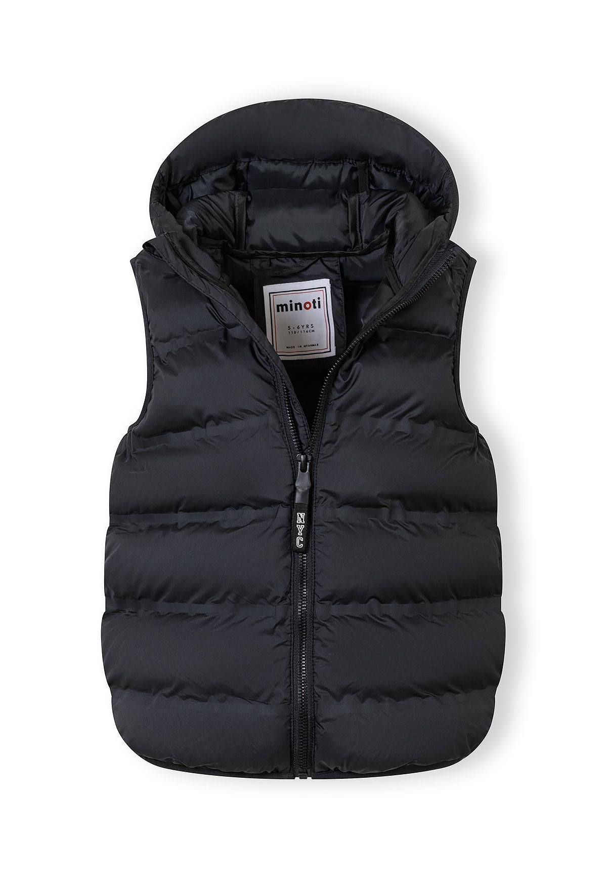 Boys black quilted waistcoat with hood, front view, featuring a full-length zipper and two side pockets.