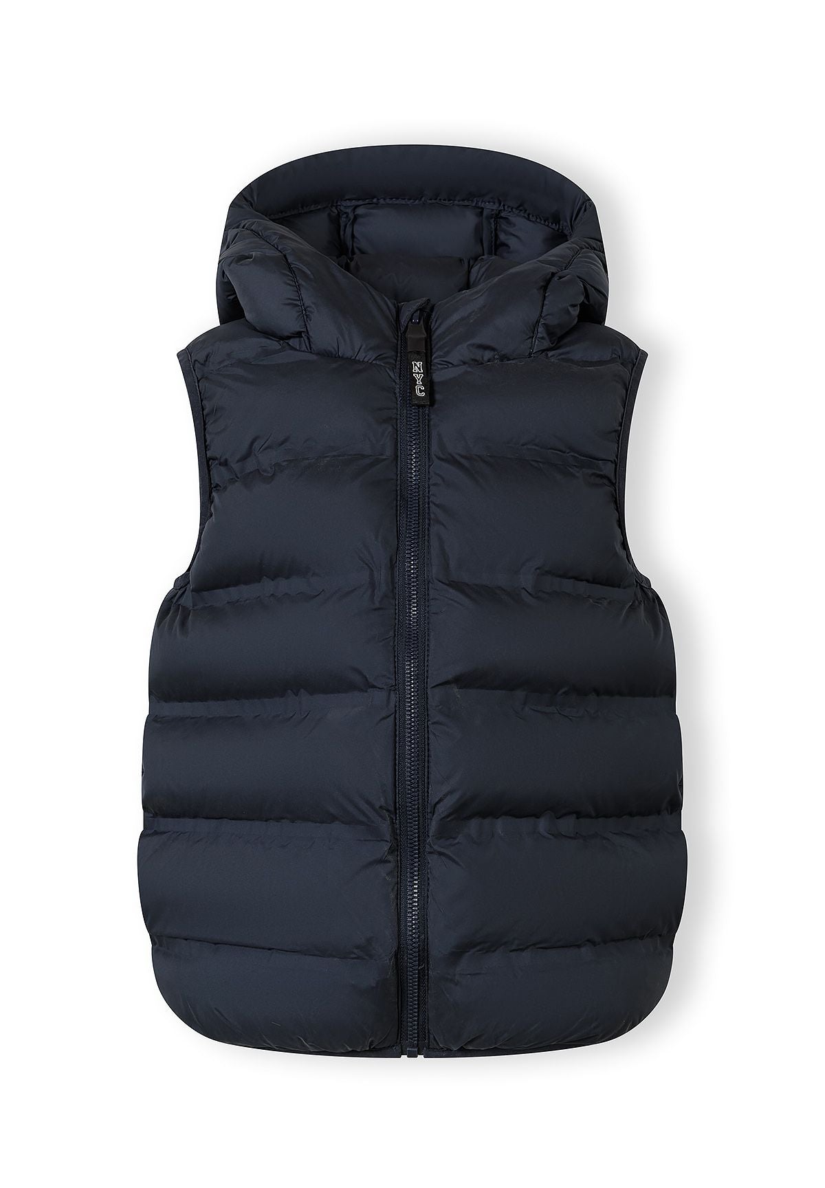 Boys navy blue lightweight gilet with fixed hood, front view, features full-length zip and two side pockets.