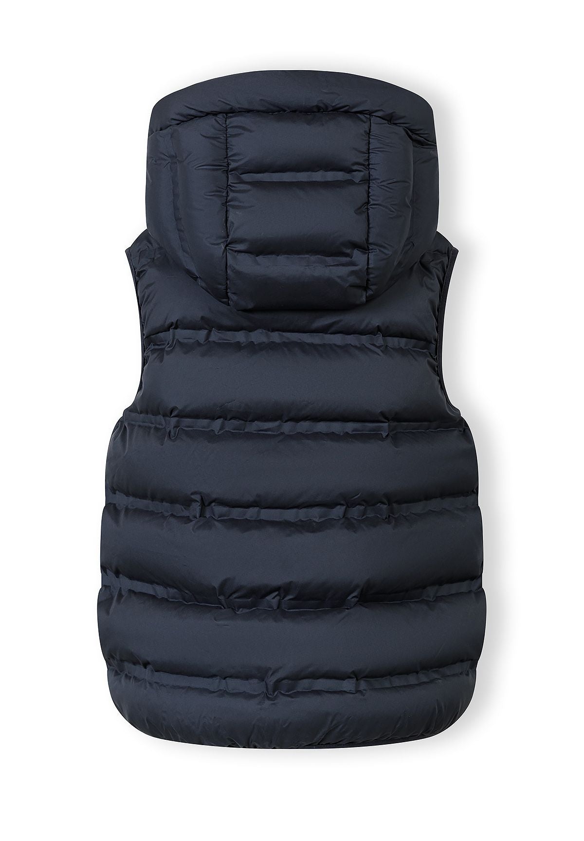 Boys navy blue lightweight gilet, back view with fixed hood and padded design.