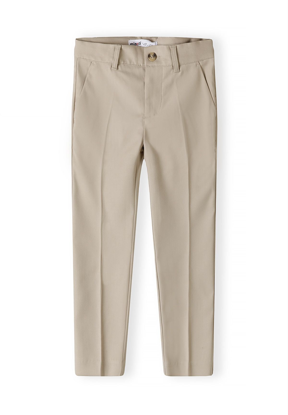 Boys formal suit trousers in stone color, front view with adjustable waistband and side pockets.