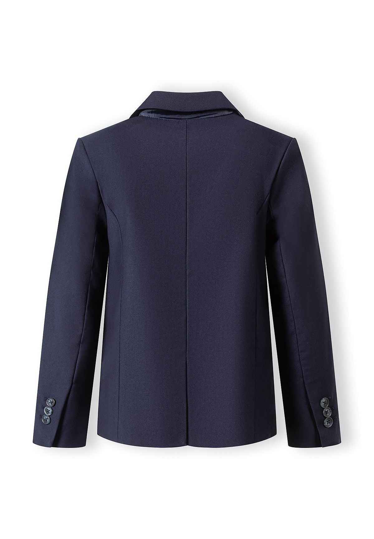 Boys formal navy blue blazer, back view with notch lapel and button cuffs.