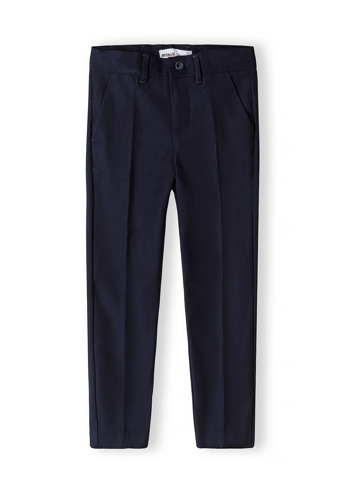 Boys slim fit navy blue formal trousers, front view with side pockets and zip-fly.