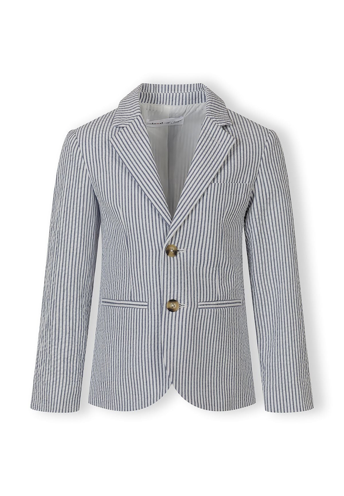 Boys tailored blazer in navy blue with vertical stripes, front view, features two-button fastening and pockets.