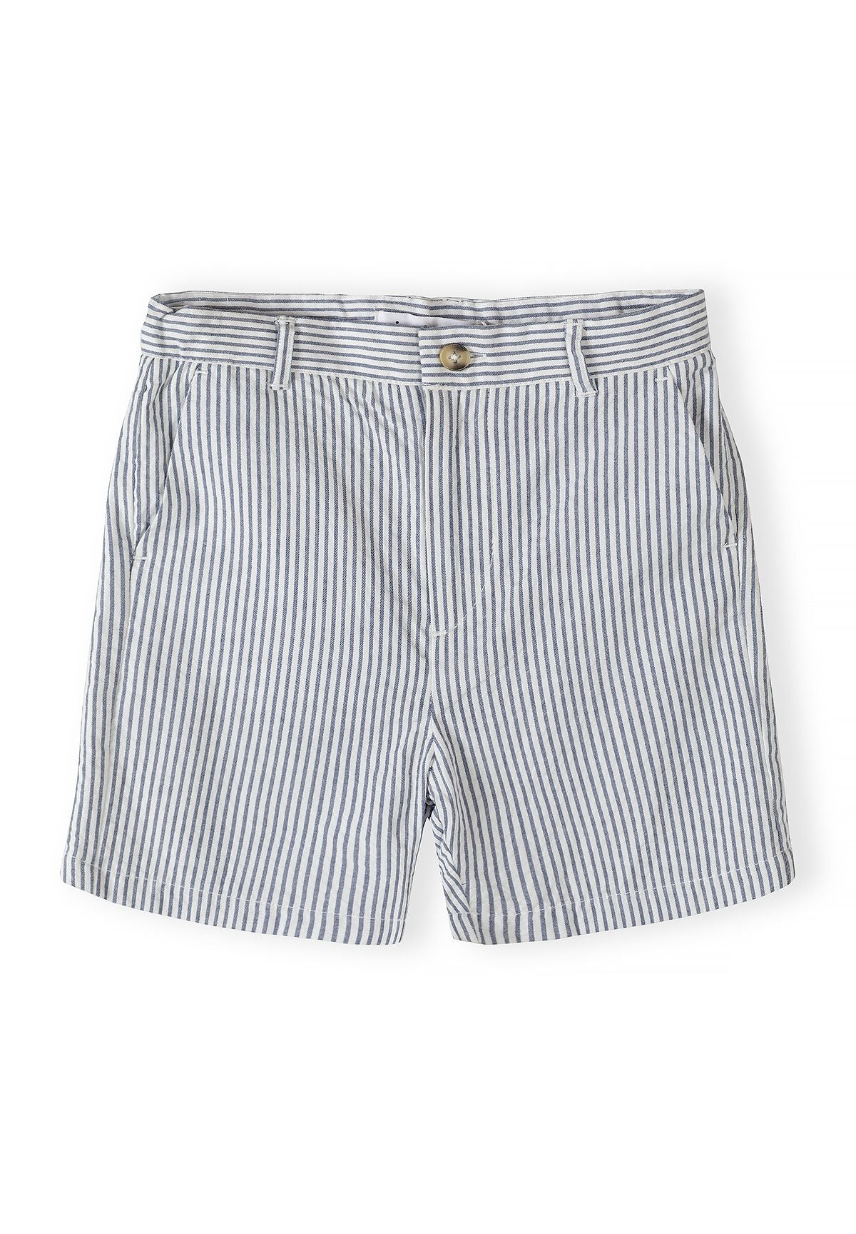 Navy striped tailored shorts, front view, featuring two side pockets and button closure.