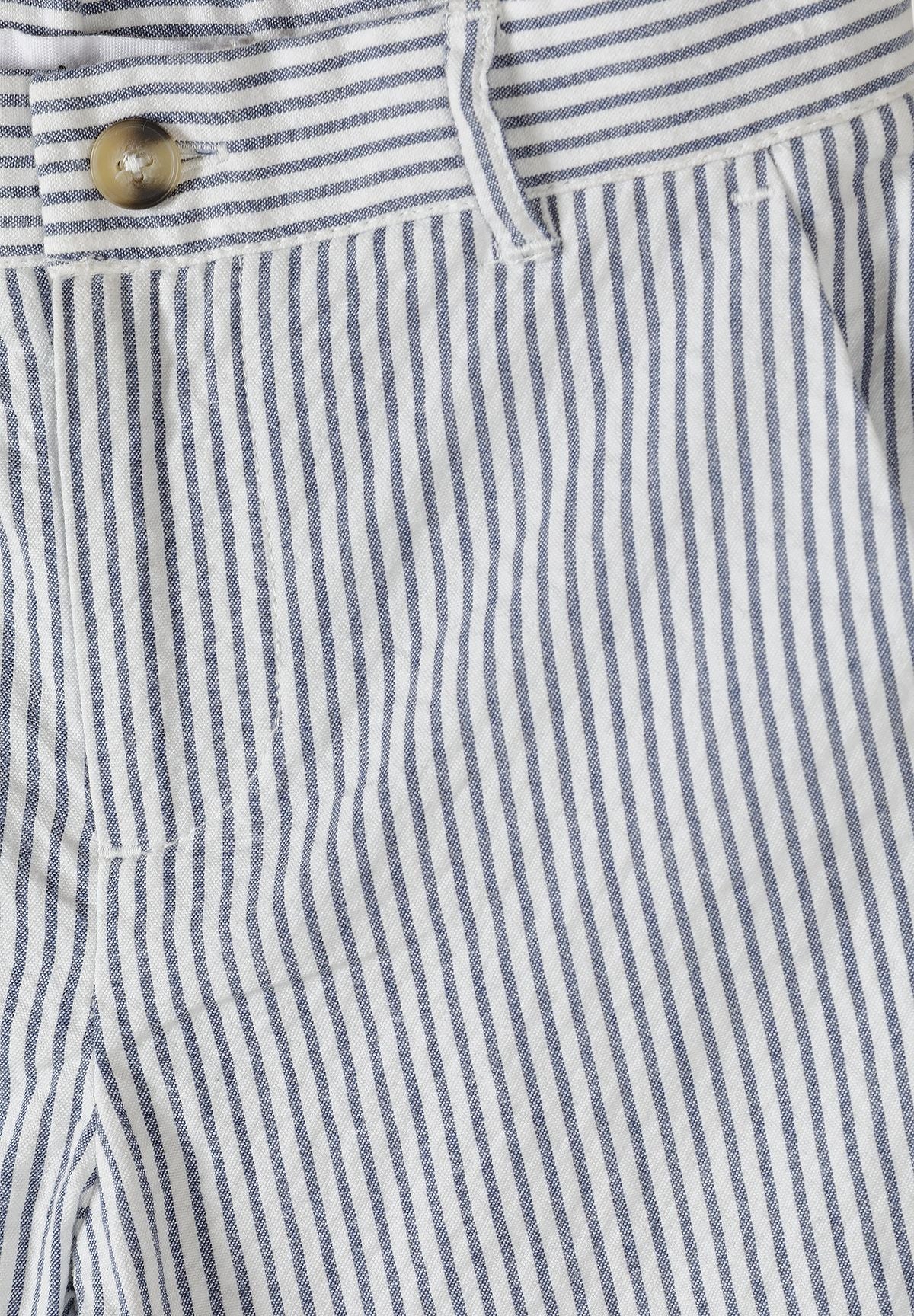 Close-up of chino shorts' blue-and-white vertical stripes, mottled waist button and belt loop.