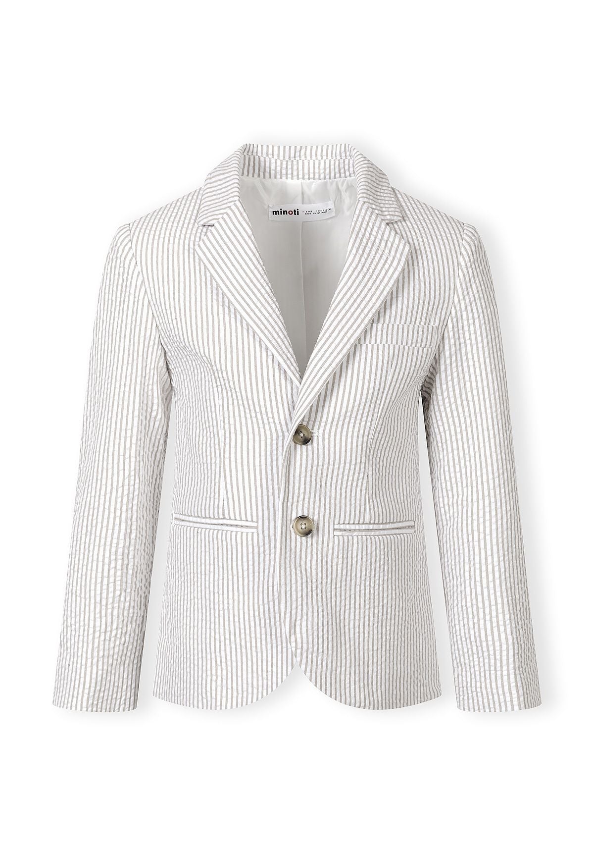 Boys' stone striped blazer, front view, features notch collar and two side pockets.