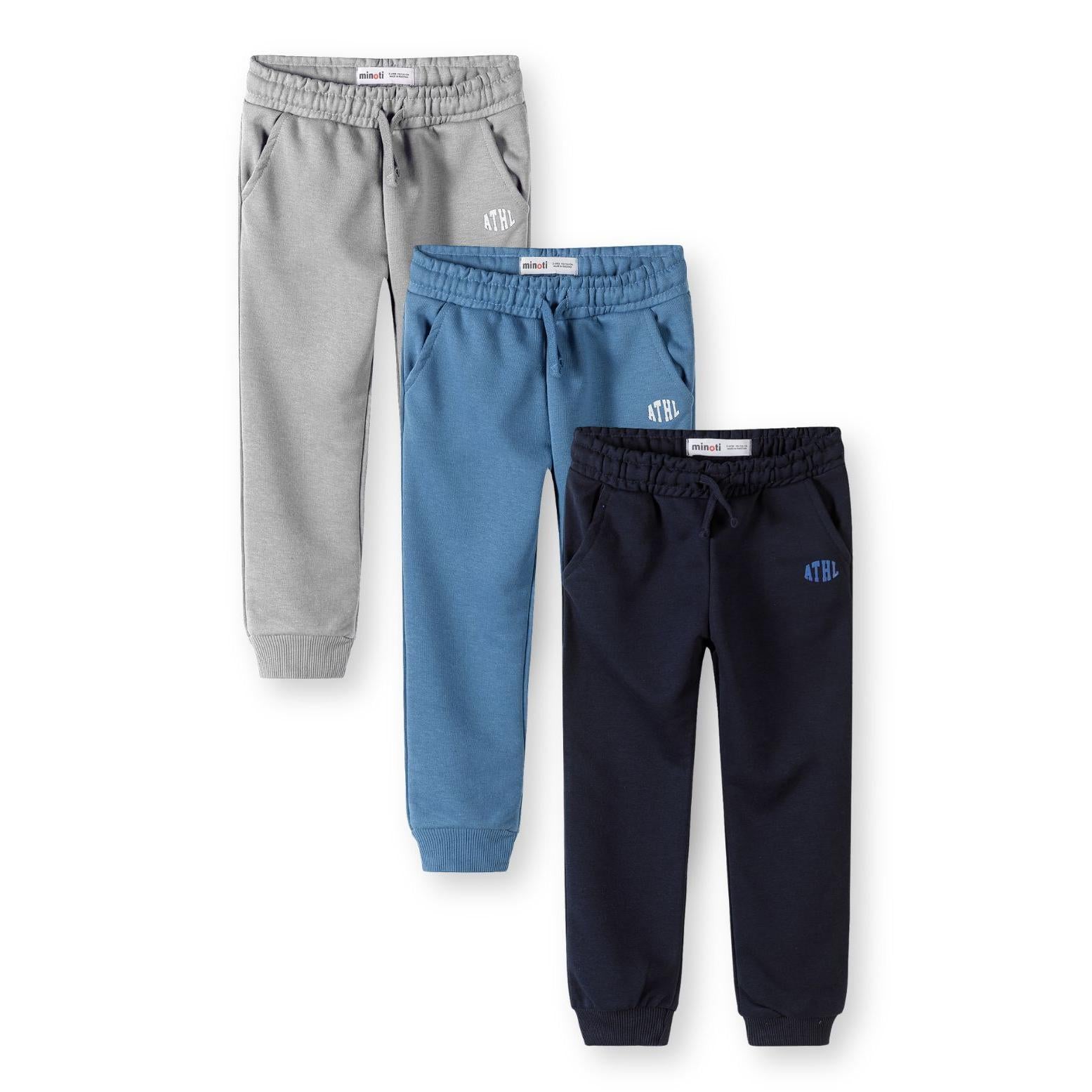Three joggers laid flat showing full length - grey, blue and navy blue with ATHL logo and side pockets against white background