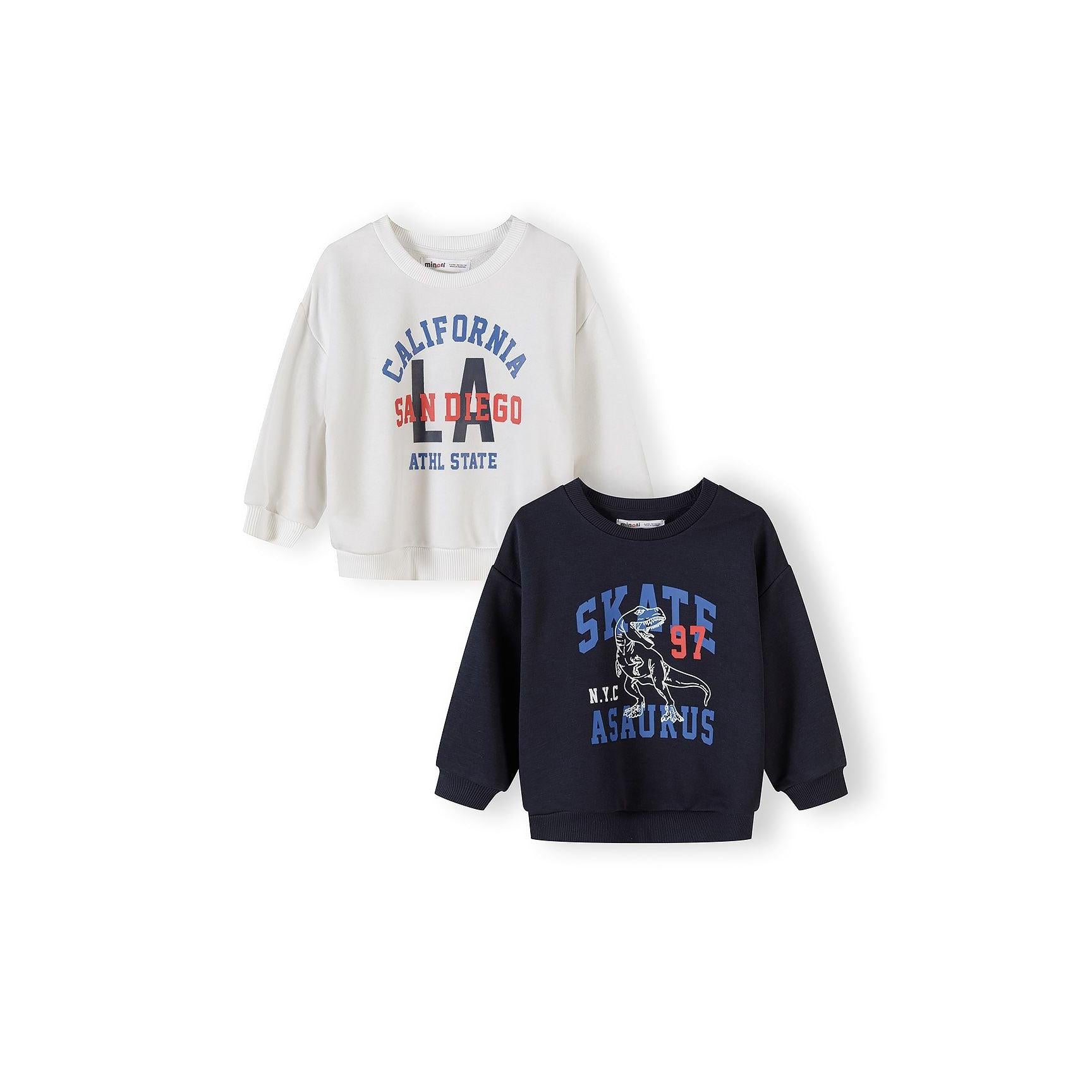 Two children's sweatshirts displayed on white background - navy sweatshirt with skateboard dinosaur graphic and white sweatshirt with California text print