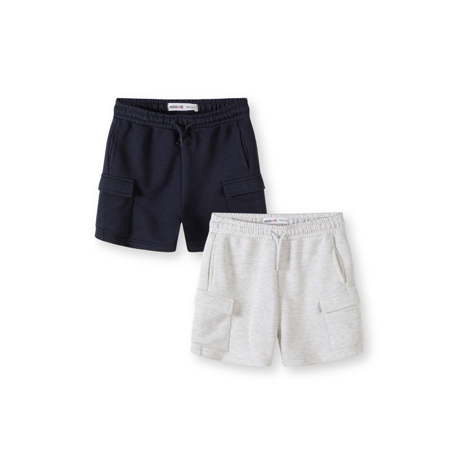 Two cargo shorts laid flat on white background, navy blue pair on top showing side cargo pockets, grey marl pair below, both with elasticated waistbands