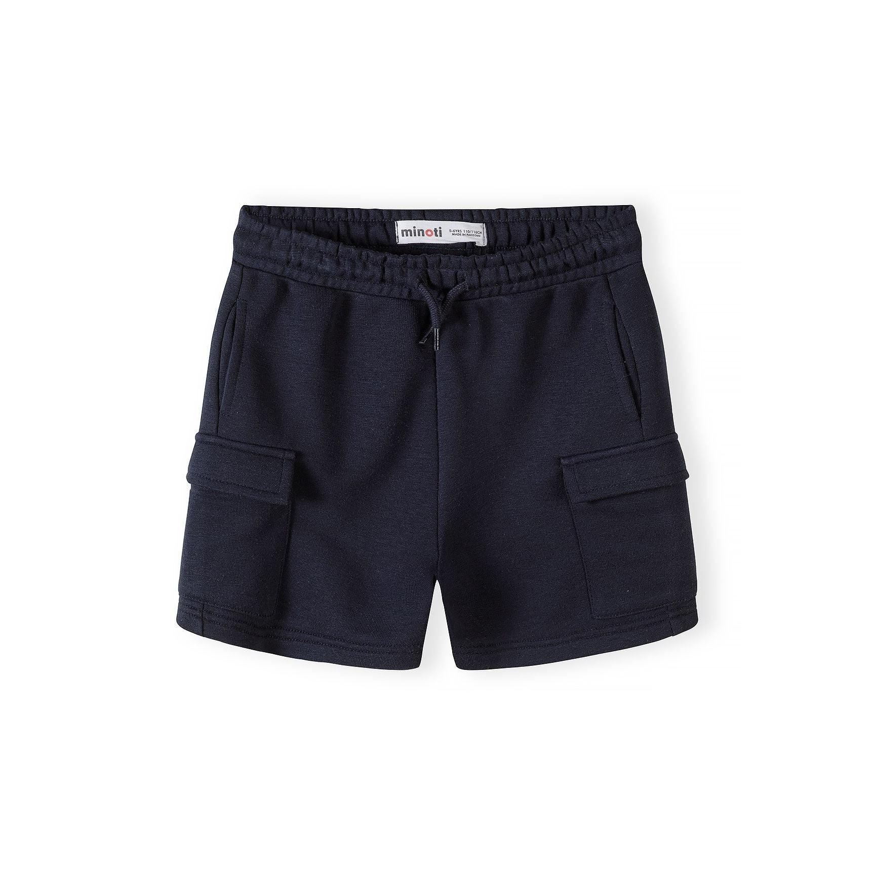 Close-up front view of navy blue cargo shorts showing detailed construction with side cargo pockets, elasticated waistband and drawstring on white background