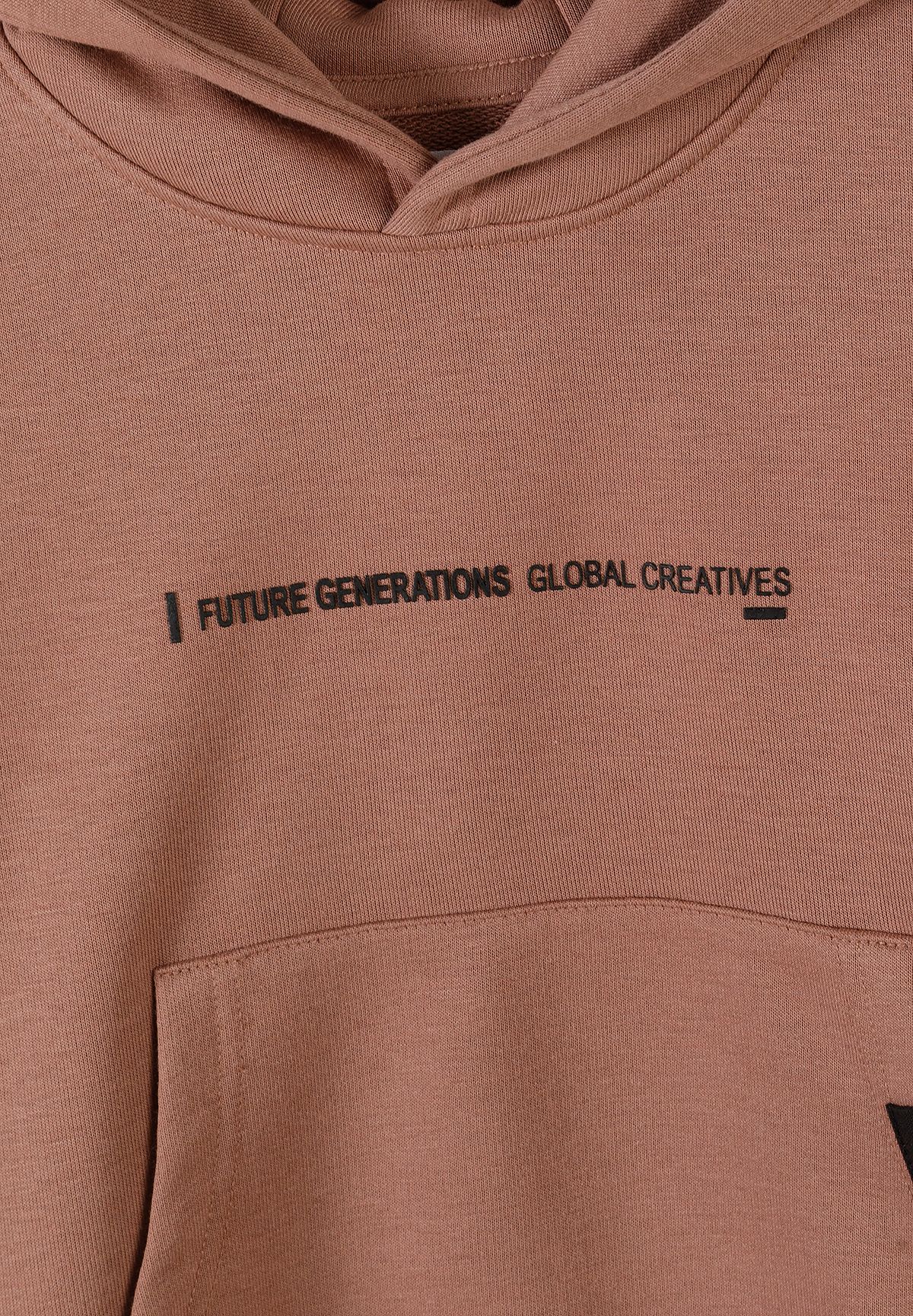 Hooded Tracksuit Set, Cognac, Slogan Print - 6