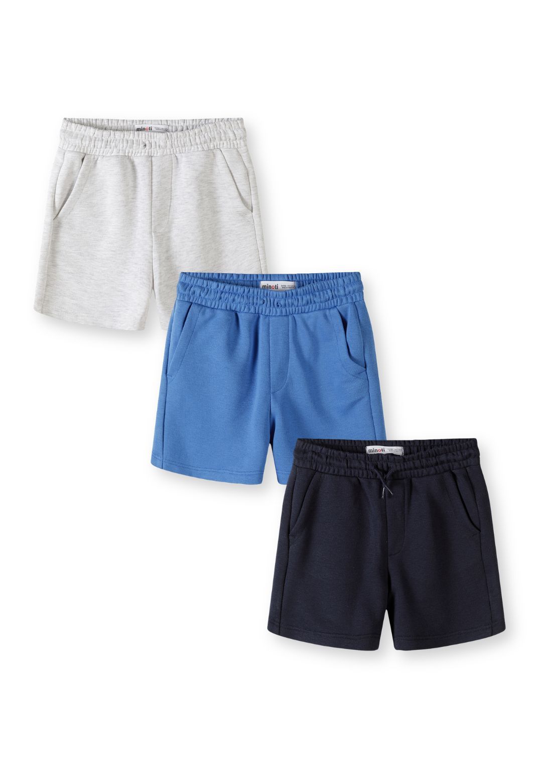 Light grey marl, blue and navy jogger shorts, three fronts.
