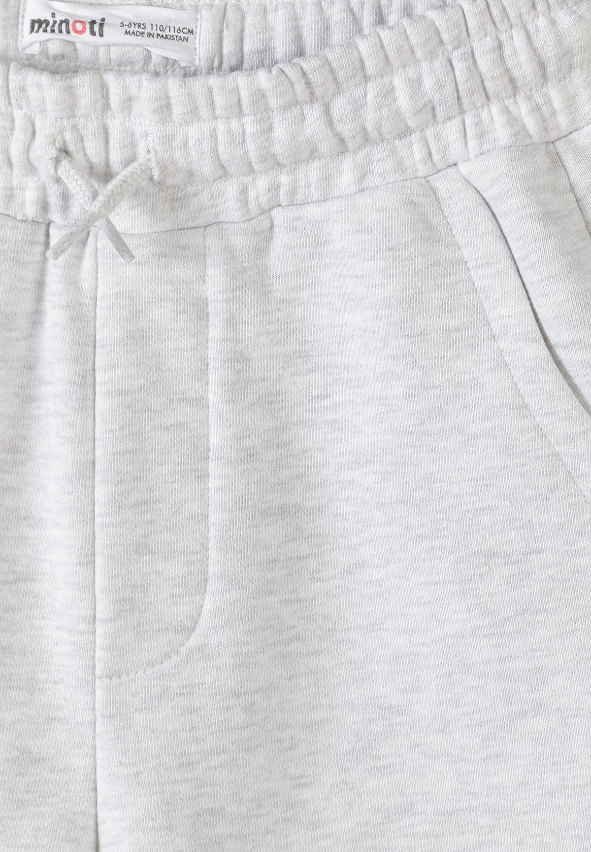 Close-up of the grey marl shorts' gathered waist, drawcord and slanted pocket.