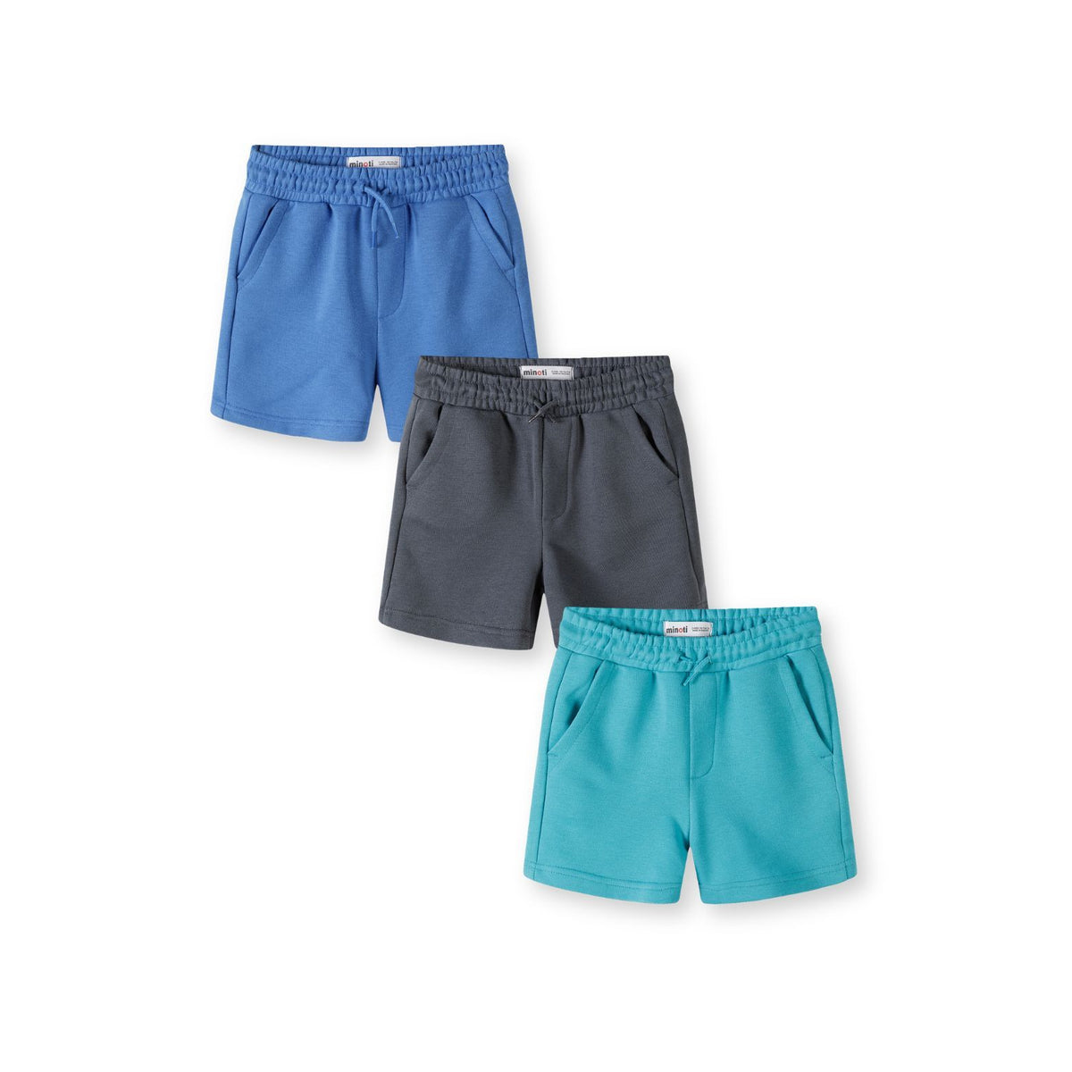 Boys' jogger shorts 3-pack in blue, grey and turquoise — complete product view for square Shop card