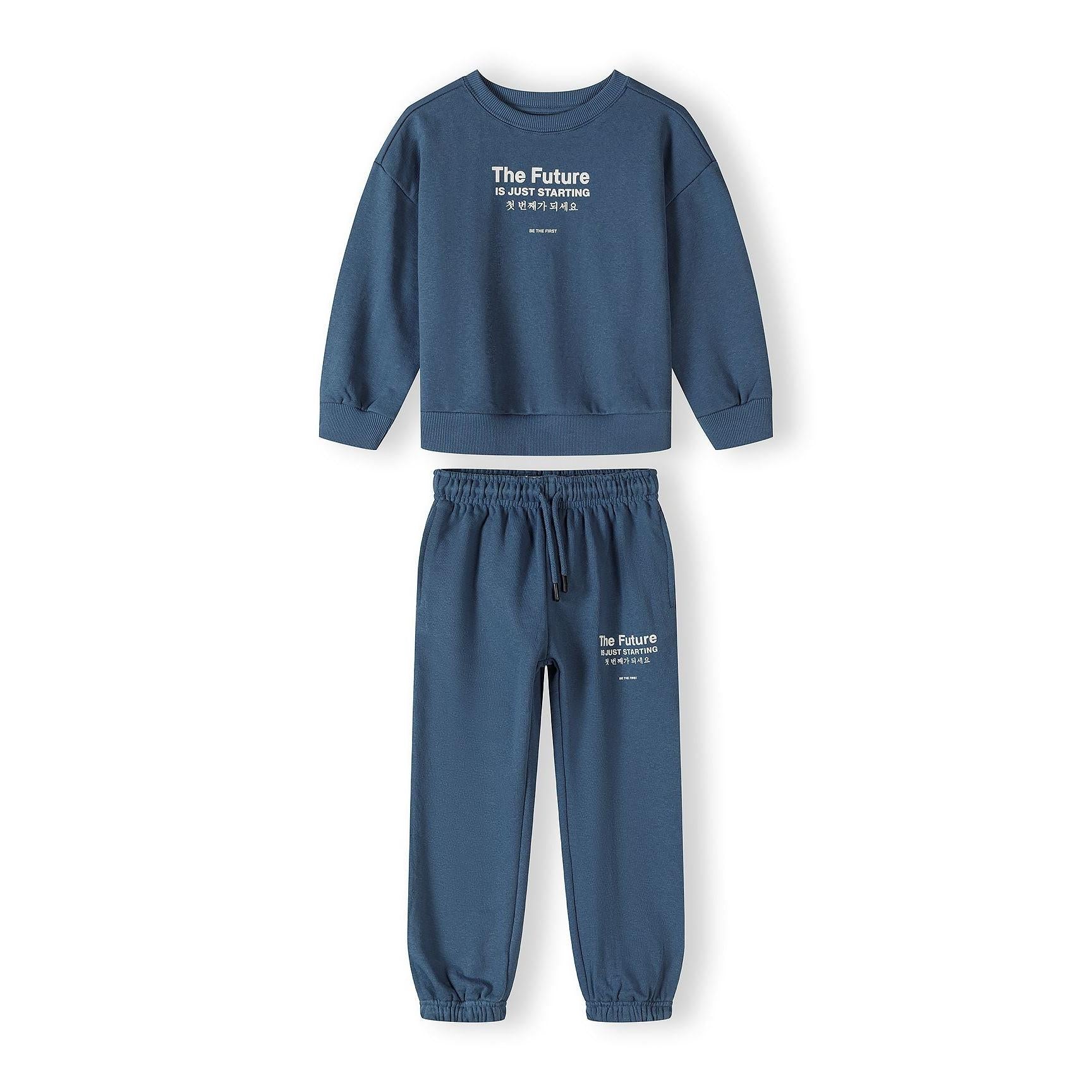 Blue crew neck sweatshirt with 'The Future Is Just Starting' text and Korean characters, flat lay on white background