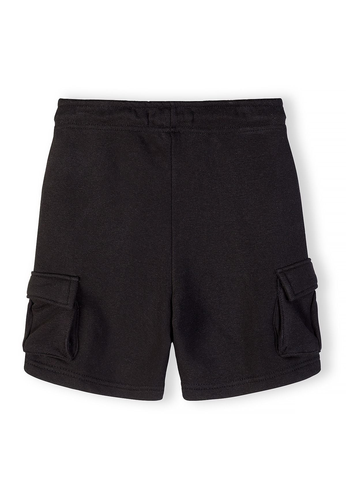 Boys' black cargo shorts, back view with side pockets.