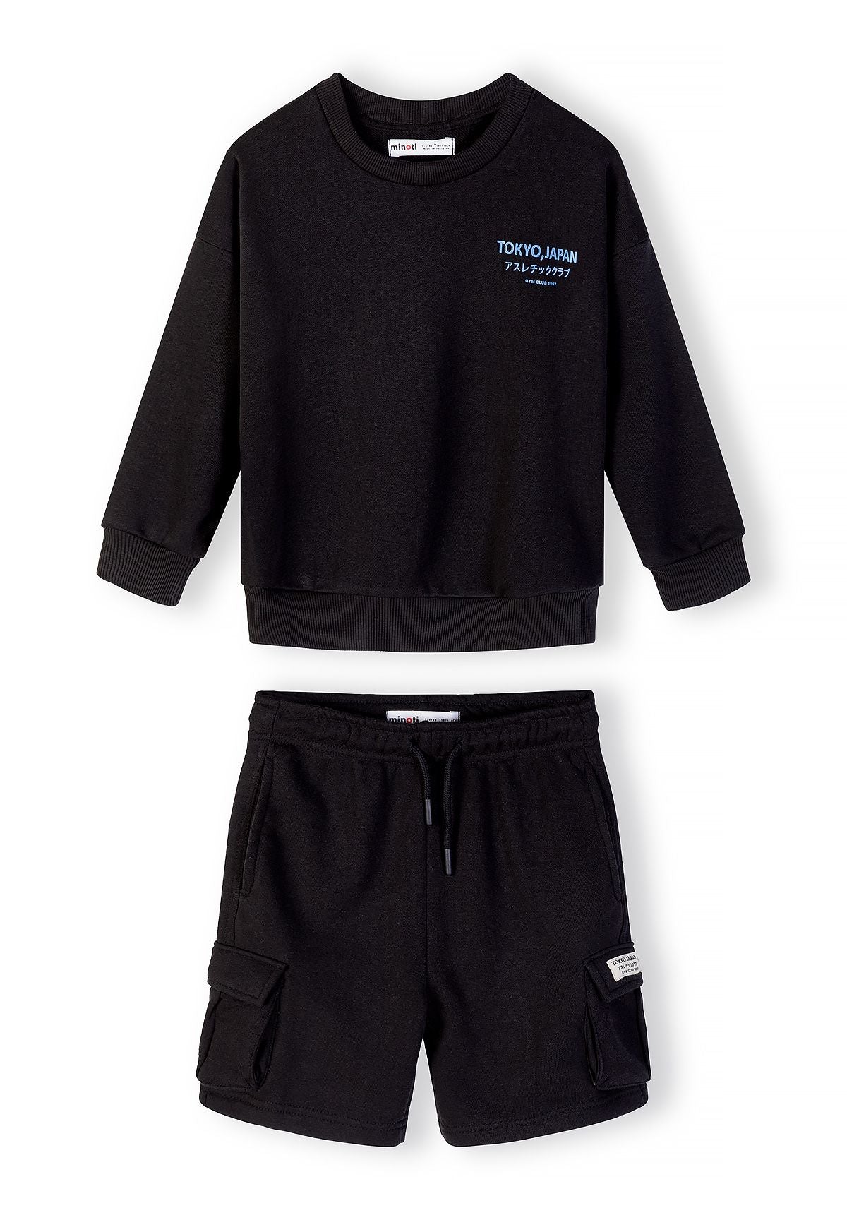 Boys black sweatshirt with crew neck and cargo shorts with side pockets, front view.