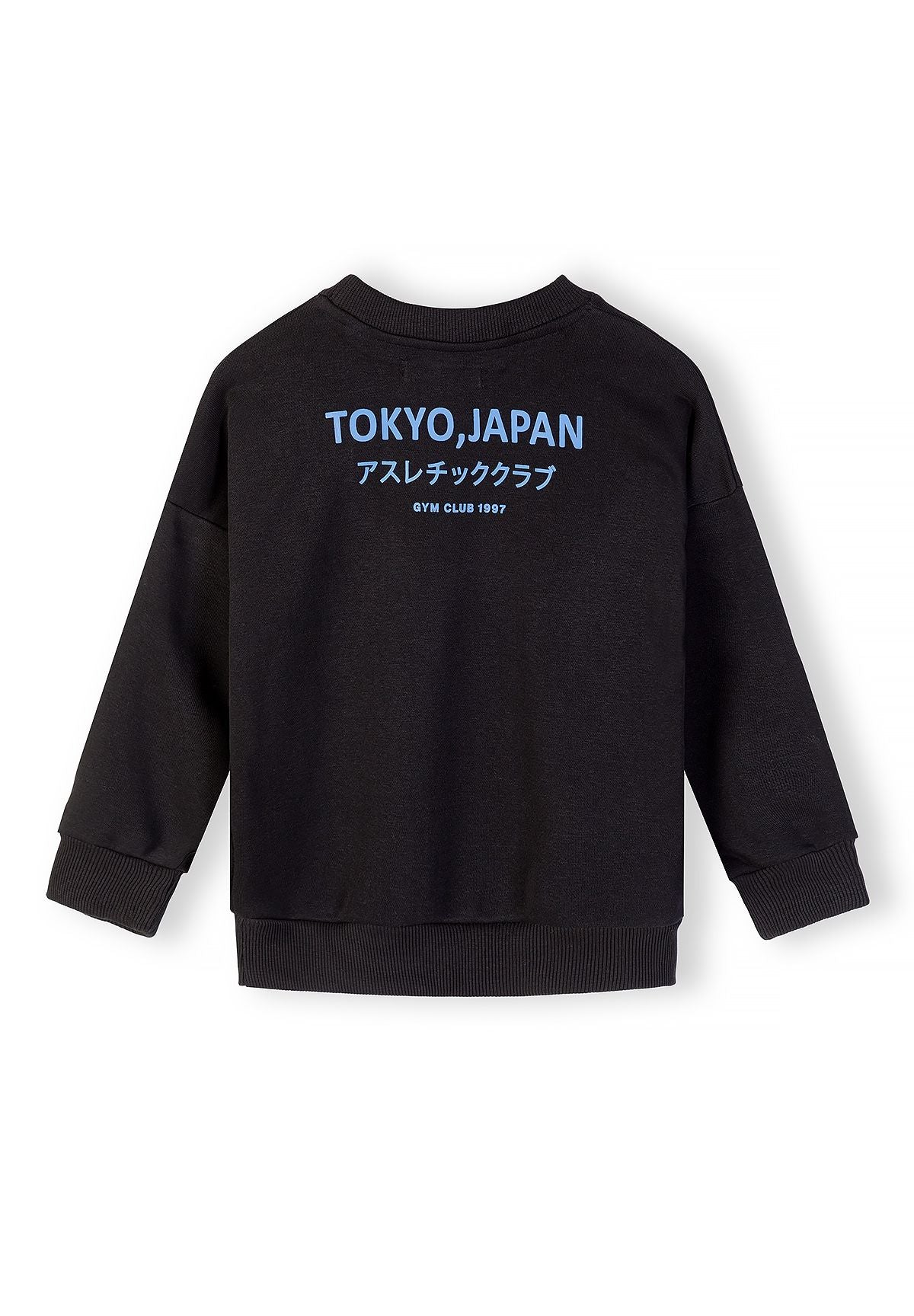 Back view of a black boys' sweatshirt featuring blue text.