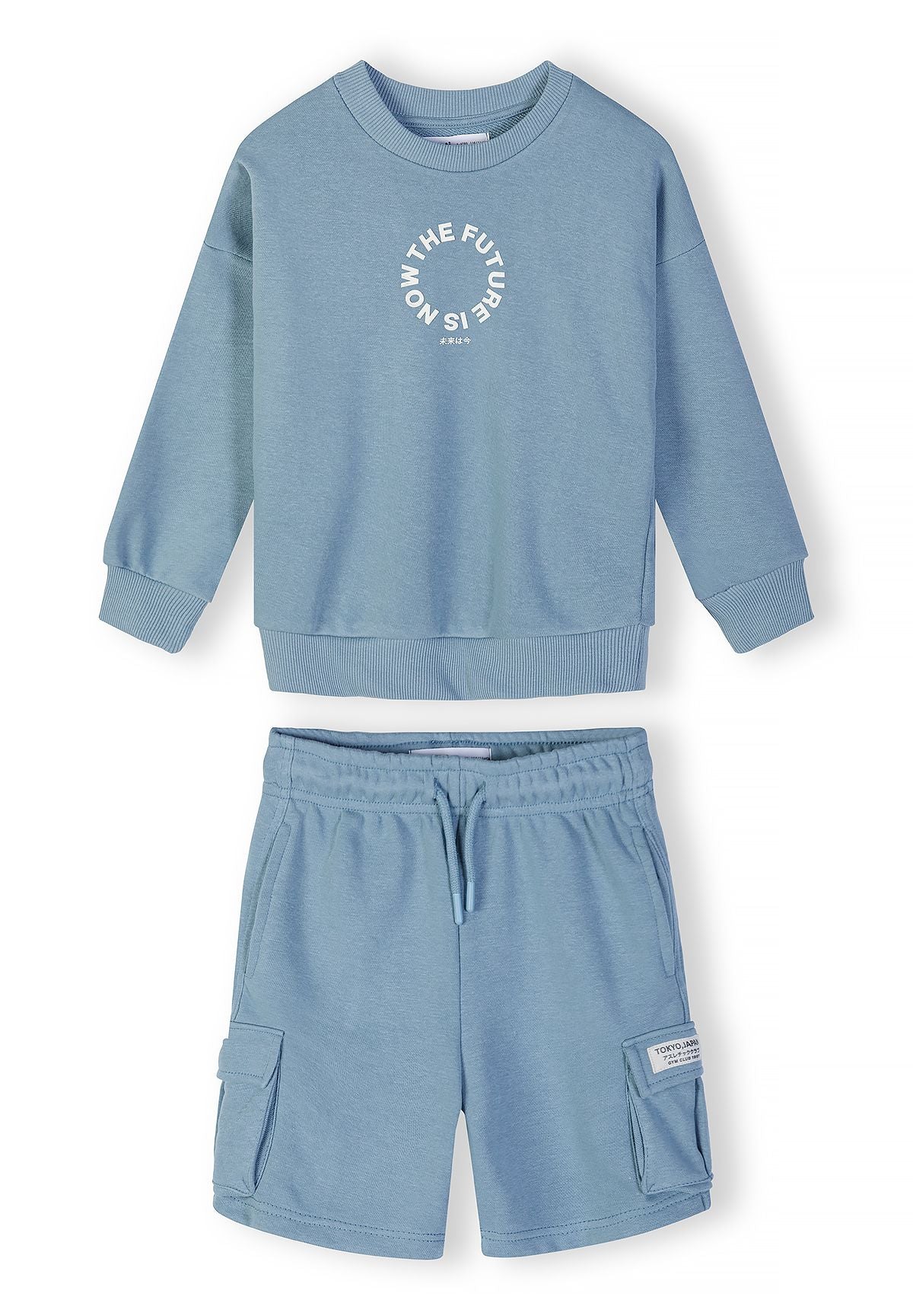 Boys blue sweatshirt with crew neck and cargo shorts with side pockets, front view.
