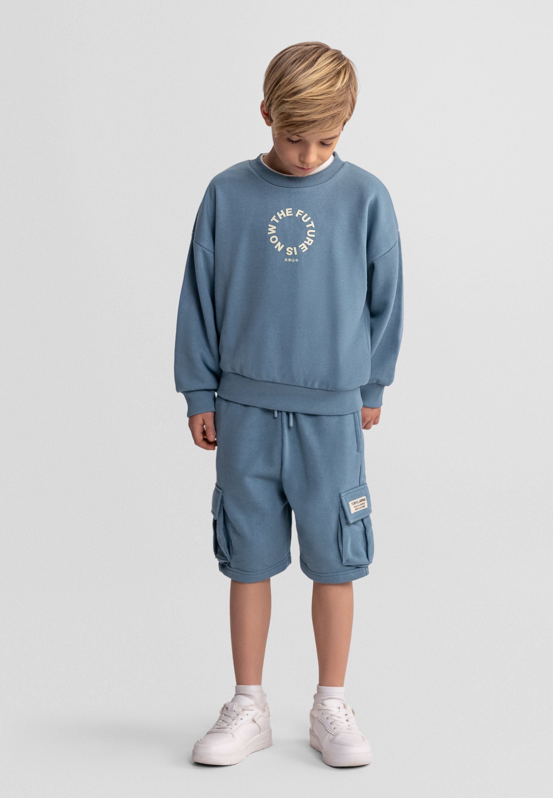 Sweatshirt and Cargo Shorts Set, Blue Grey - 1