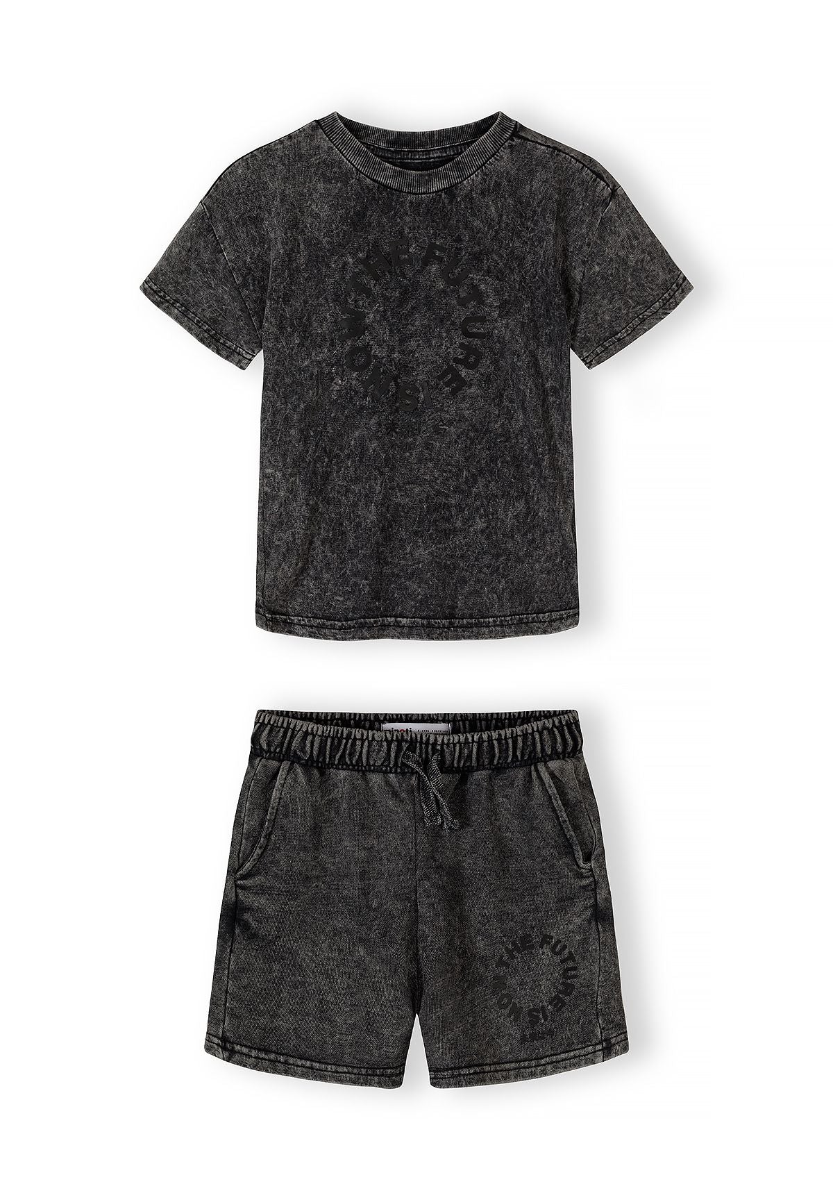 Boys grey acid wash t-shirt and shorts set, short-sleeve, elasticated waistband.