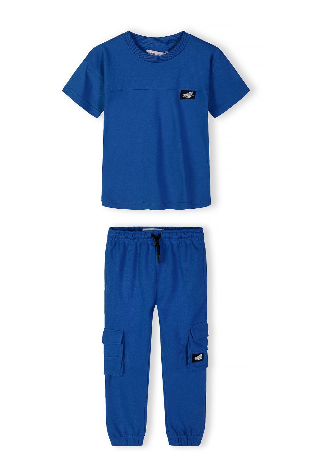 Boys royal blue t-shirt and jogger set, front view, features round neck and cargo pockets.
