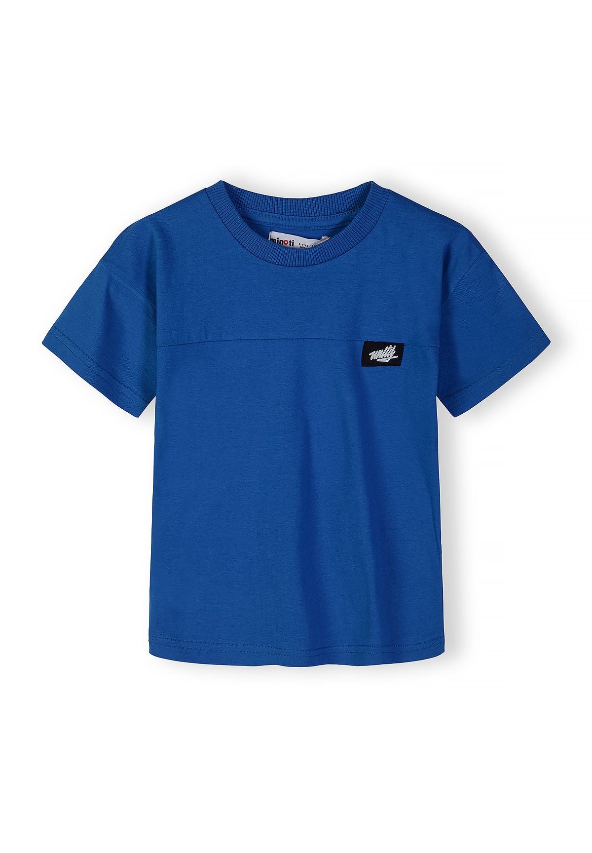 Boys royal blue short-sleeved t-shirt with logo detail, front view.