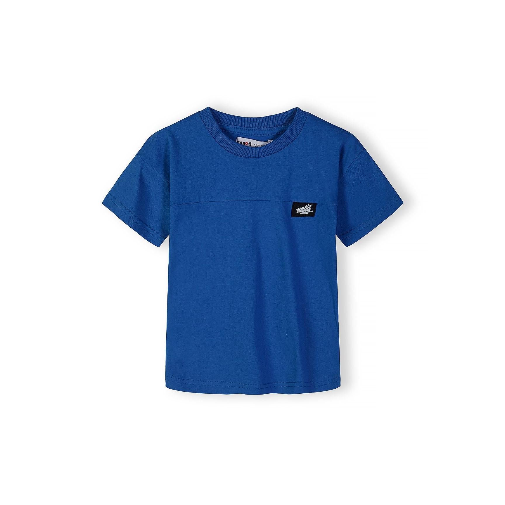 Royal blue cotton t-shirt laid flat showing crew neck design and black Minoti logo patch on chest