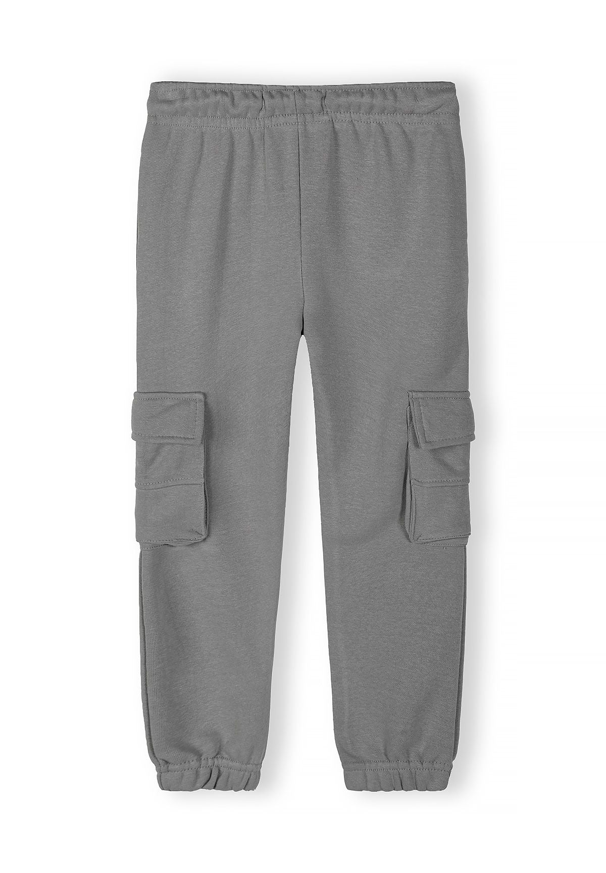 Boys grey joggers with cargo pockets and elastic waistband, front view.