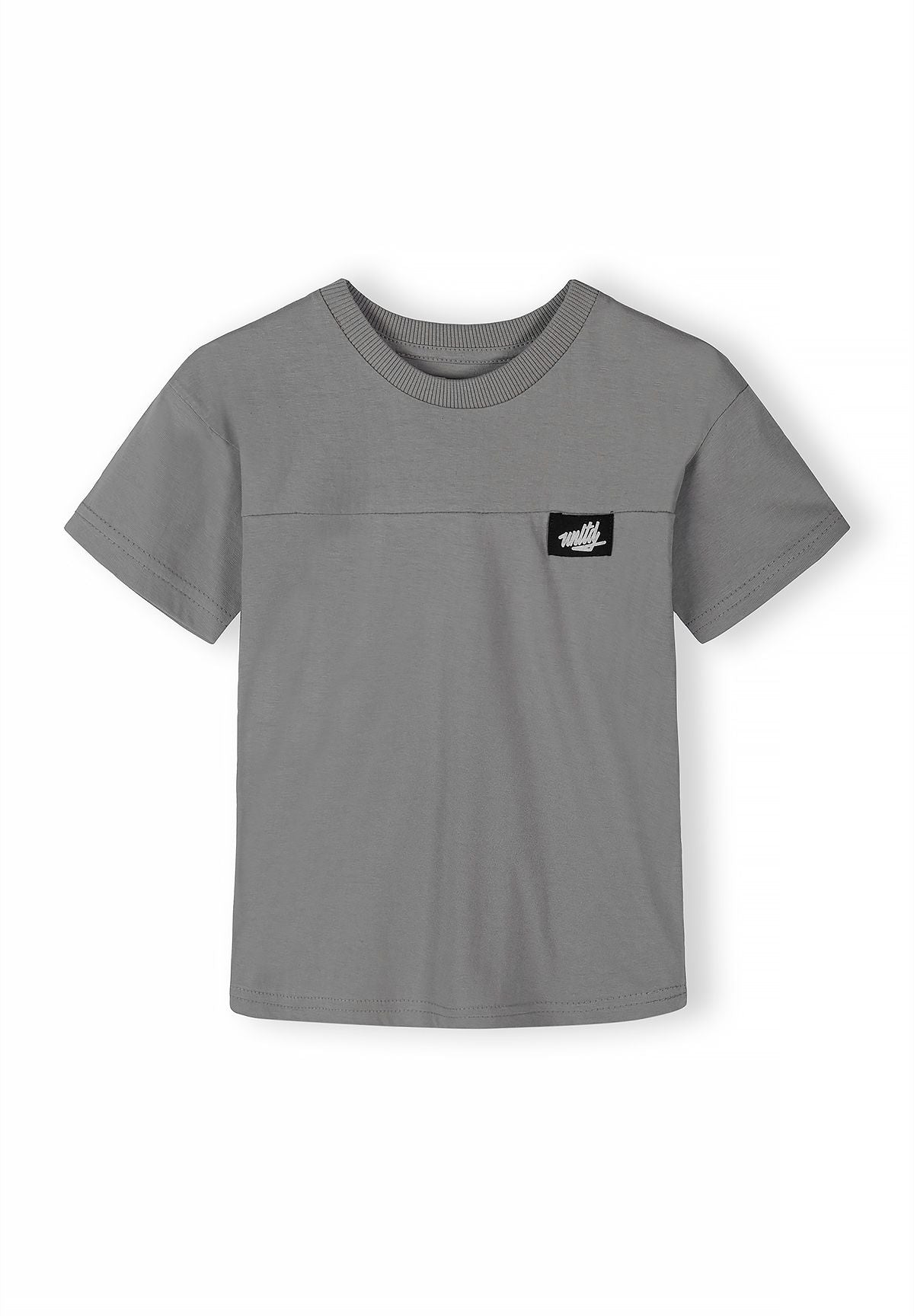 Boys grey short-sleeved T-shirt with logo detail, front view.