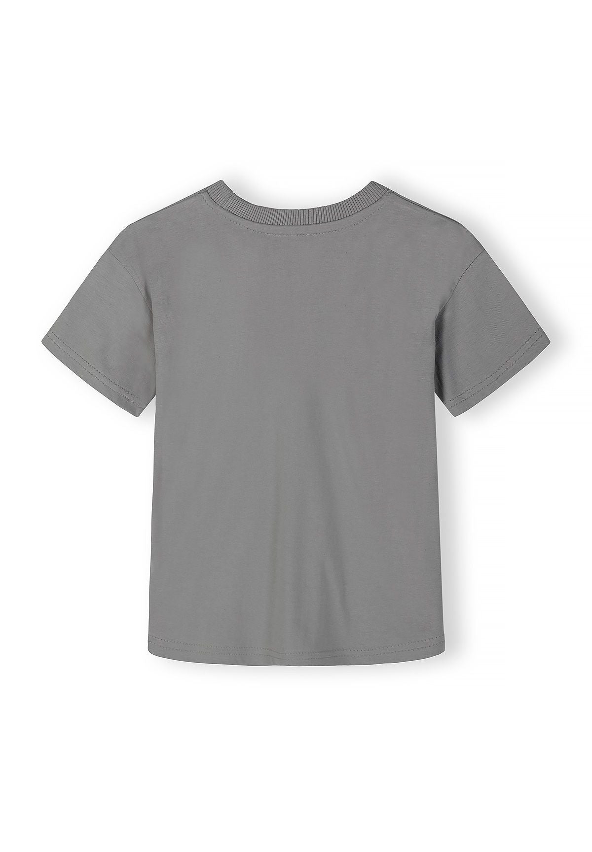 Boys grey short-sleeved T-shirt, back view, featuring a round neckline.
