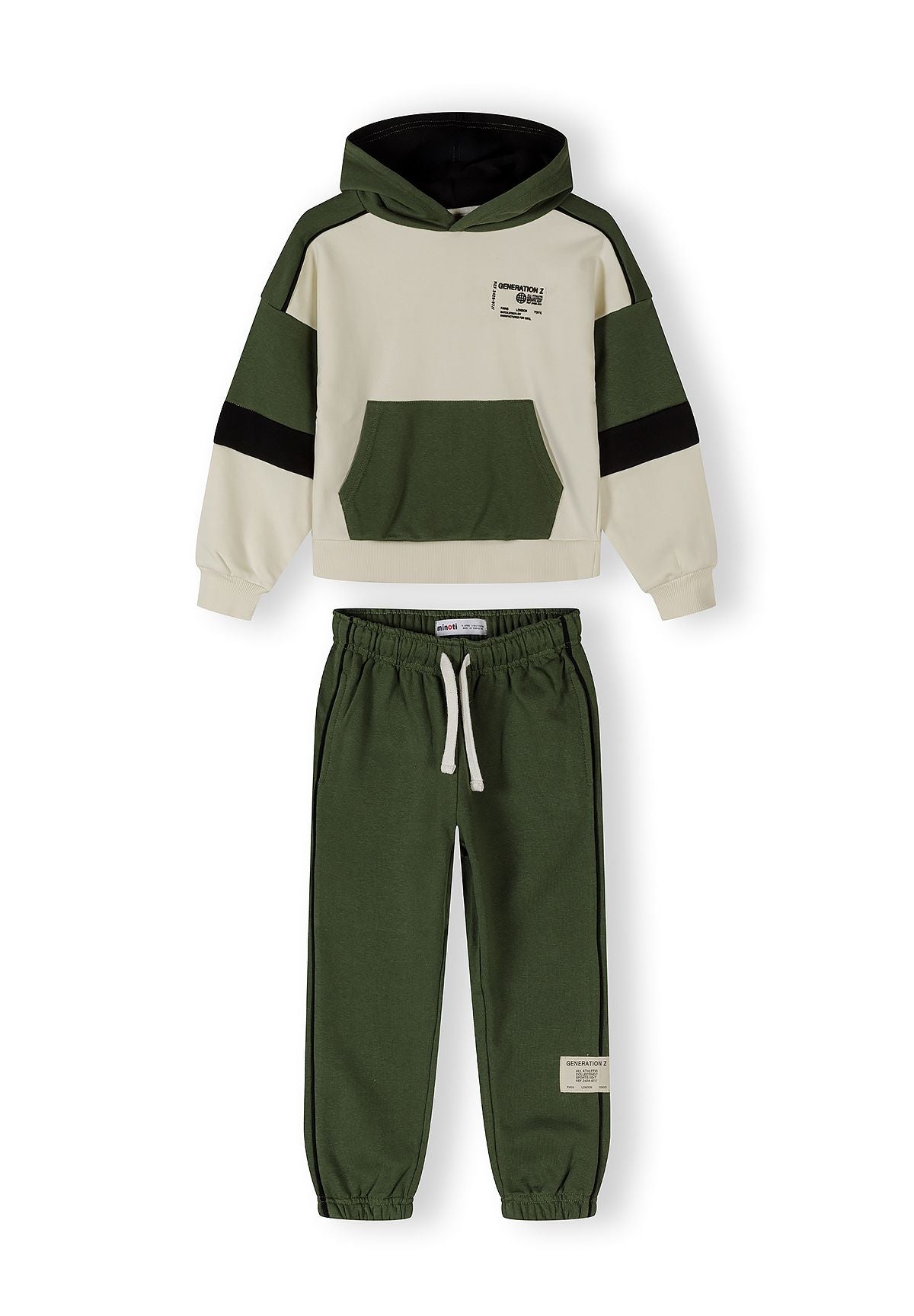 Boys khaki tracksuit with hooded jacket, featuring side pockets and elasticated waistband.