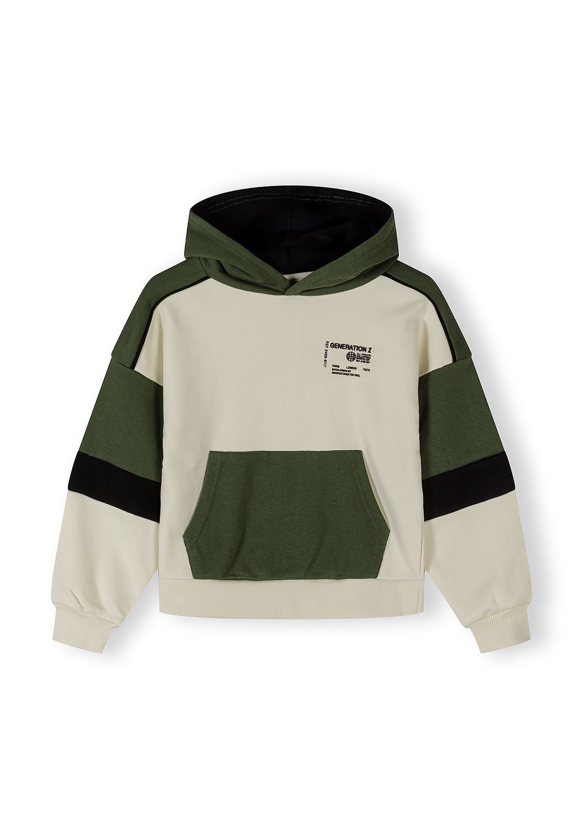 Boys khaki hooded jacket with contrast panels, front view.