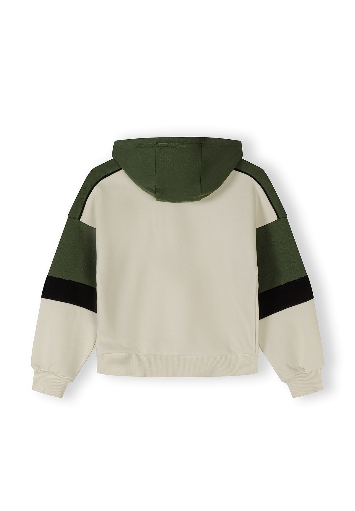 Back view of a boys khaki hooded jacket with contrast panels and ribbed cuffs.