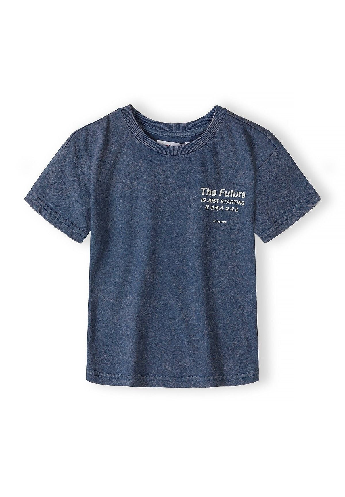 Boys blue acid wash t-shirt, short-sleeved, with ribbed collar and printed text.